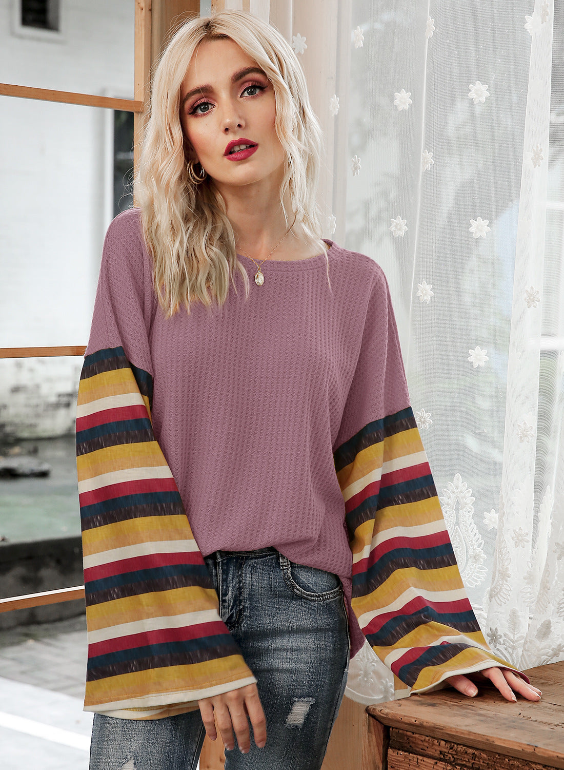 Hot Selling Stripe Flare Sleeve T-shirt