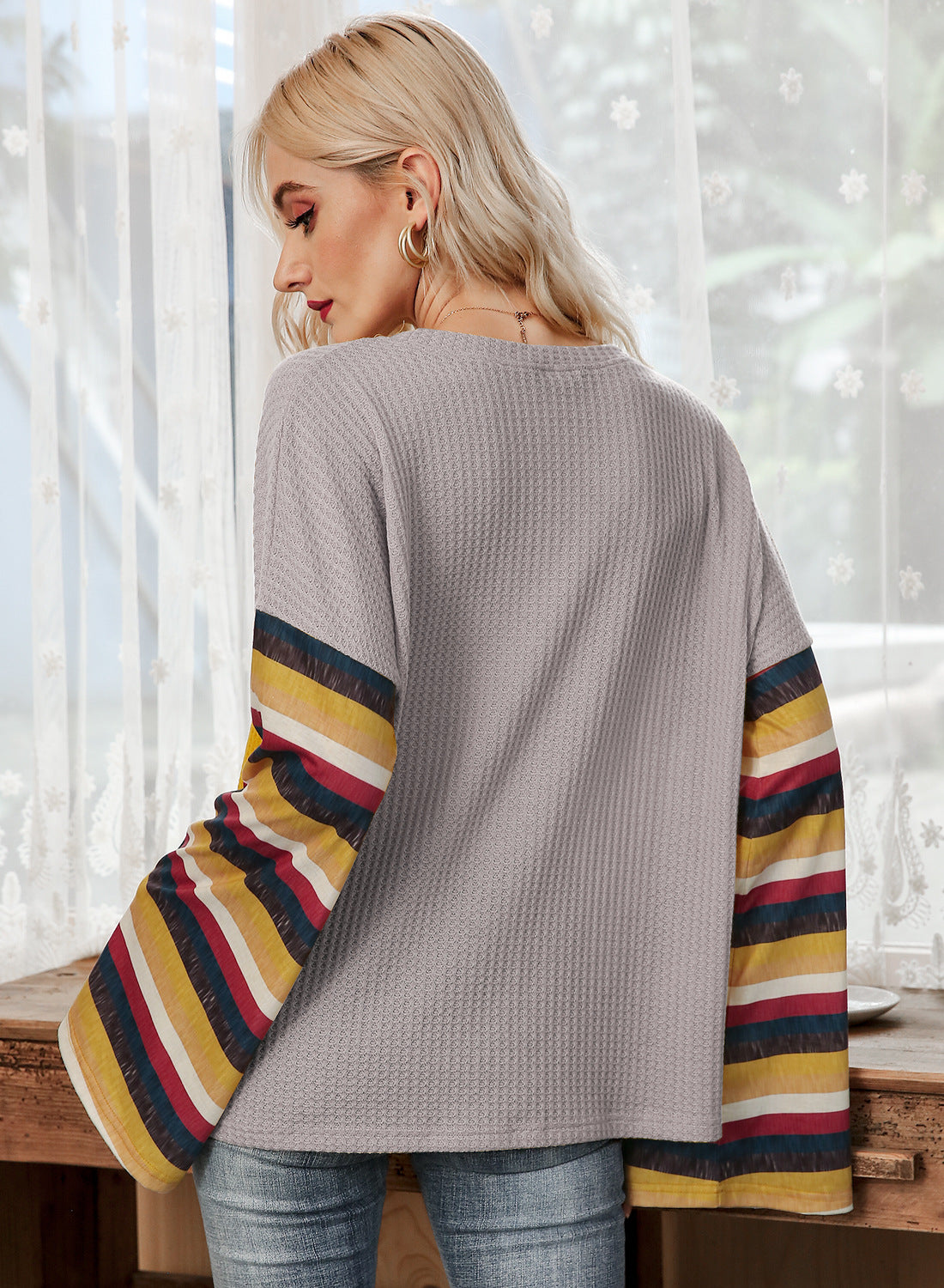 Hot Selling Stripe Flare Sleeve T-shirt
