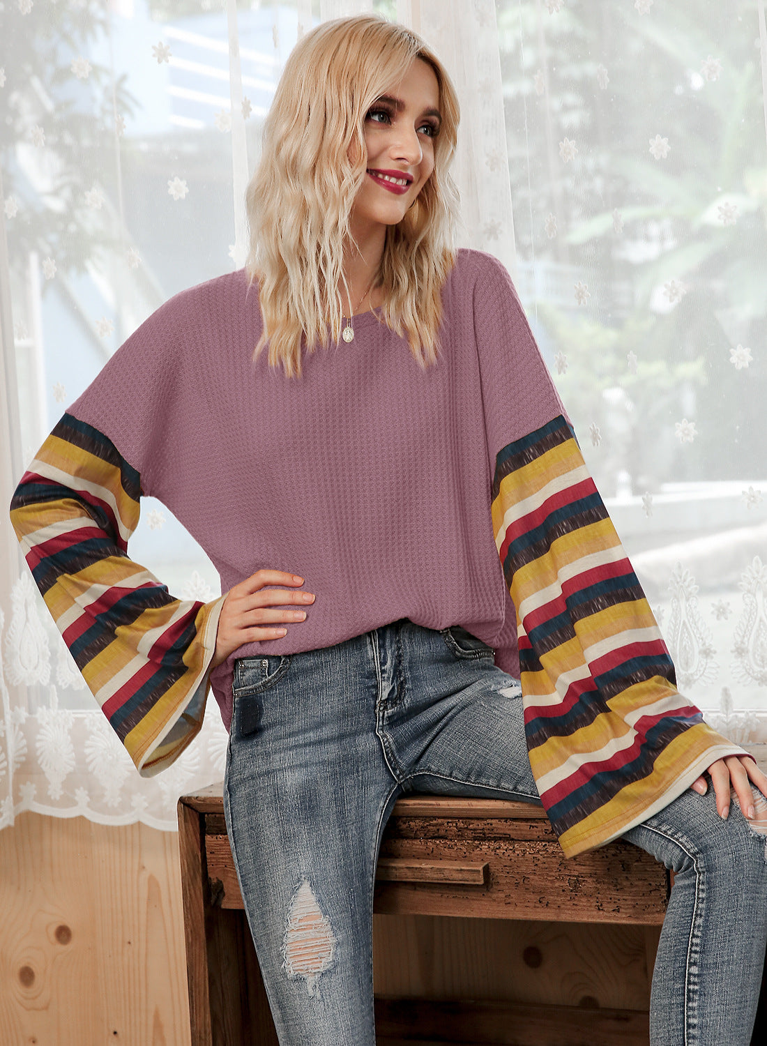 Hot Selling Stripe Flare Sleeve T-shirt