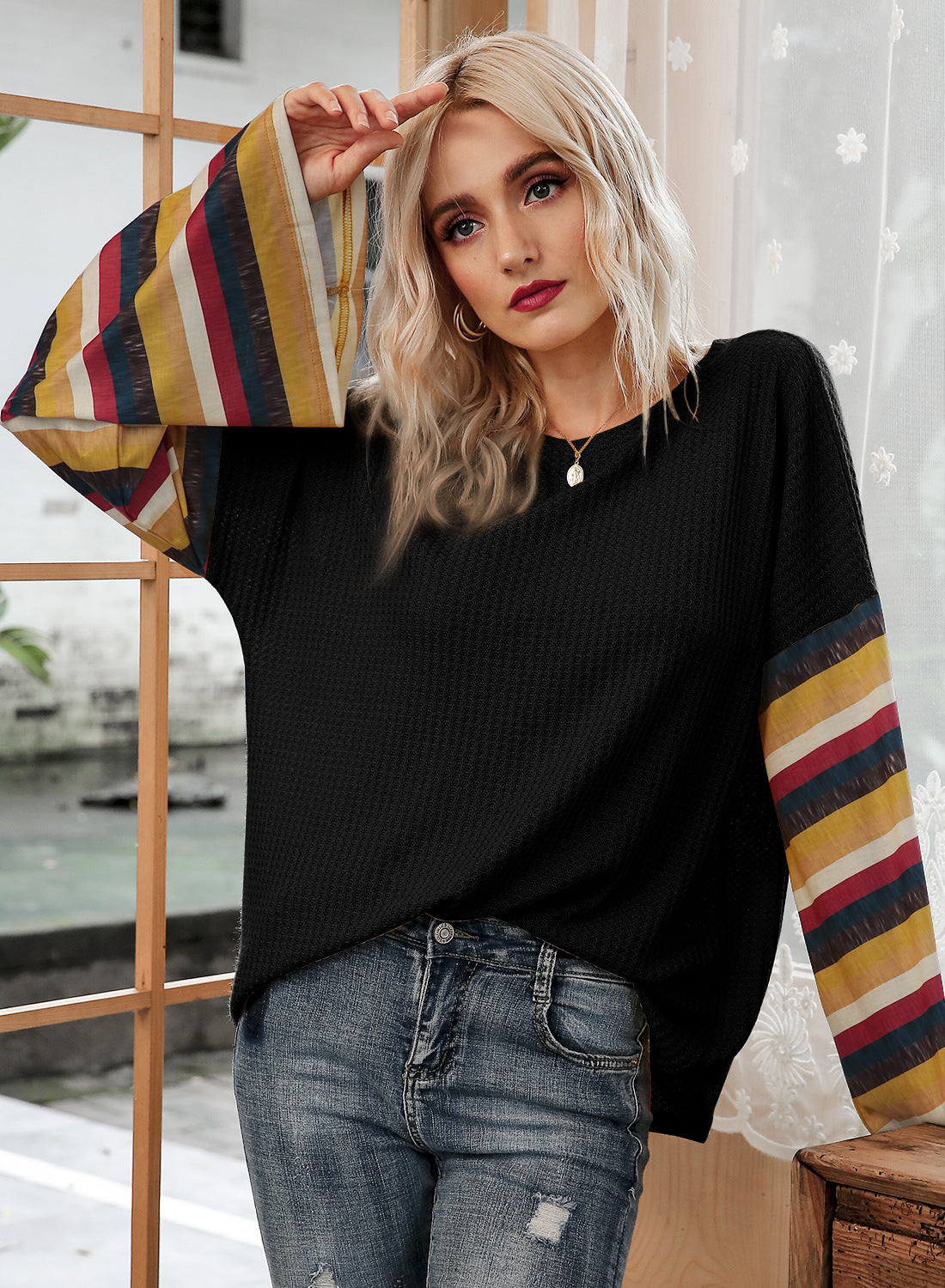 Hot Selling Stripe Flare Sleeve T-shirt