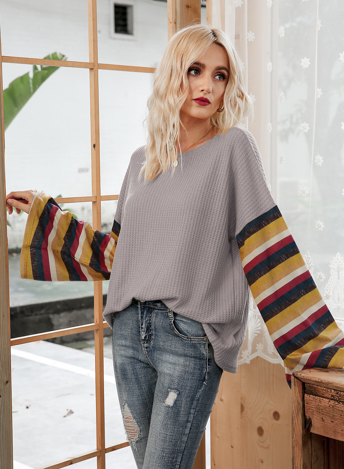 Hot Selling Stripe Flare Sleeve T-shirt
