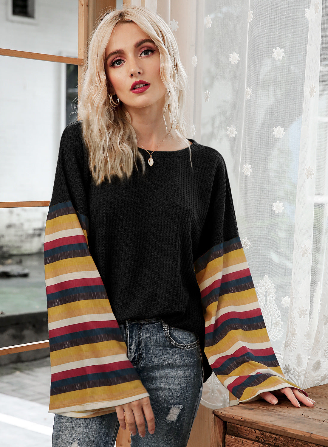Hot Selling Stripe Flare Sleeve T-shirt