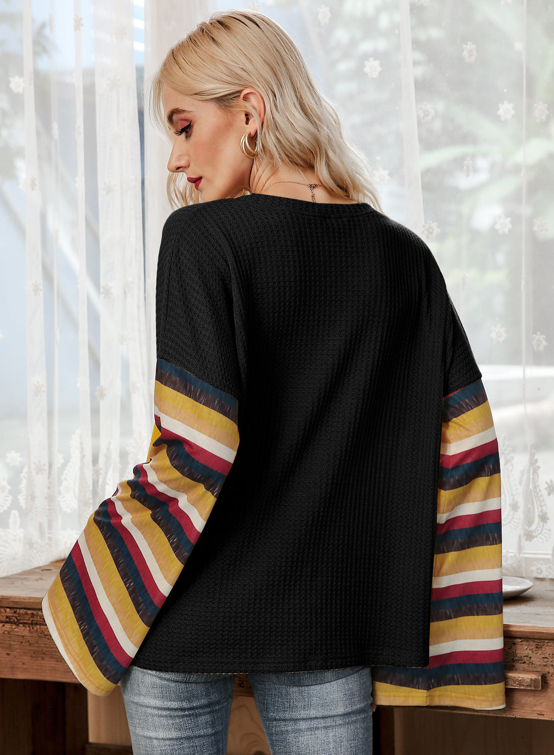 Hot Selling Stripe Flare Sleeve T-shirt
