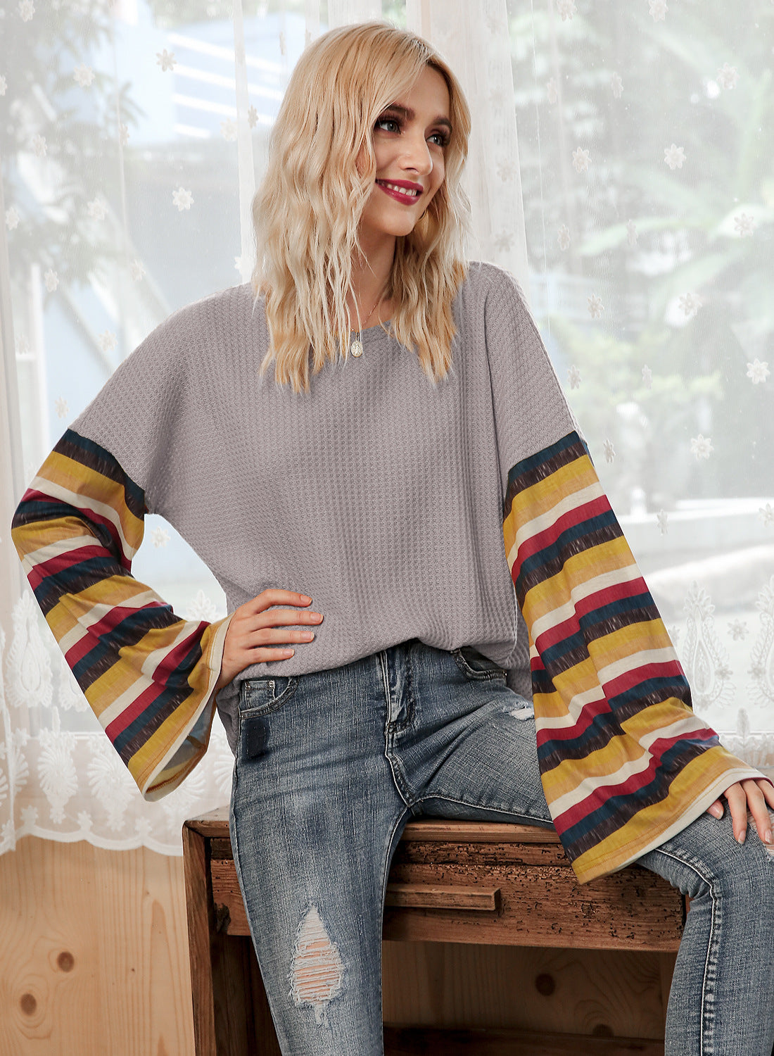 Hot Selling Stripe Flare Sleeve T-shirt