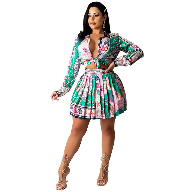 Hot Selling Long Sleeve Printed Pleated Skirt Suit Women
