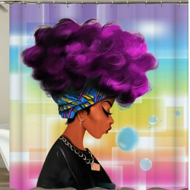 African American 3D Retro Style Print Waterproof Polyester Shower Curtain With 12 Hooks For Bathroom Decor Blue Hair Afro Girl