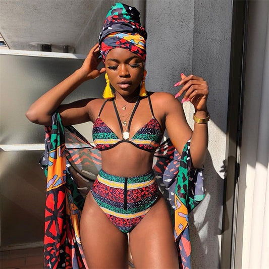 African black printed split swimsuit