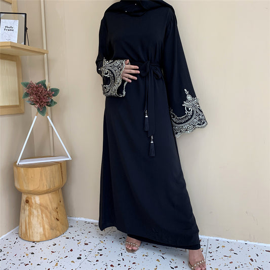 Islamic Turkey Dubai Fashion Muslim Dress Long Sleeve Lace Patchwork Dress