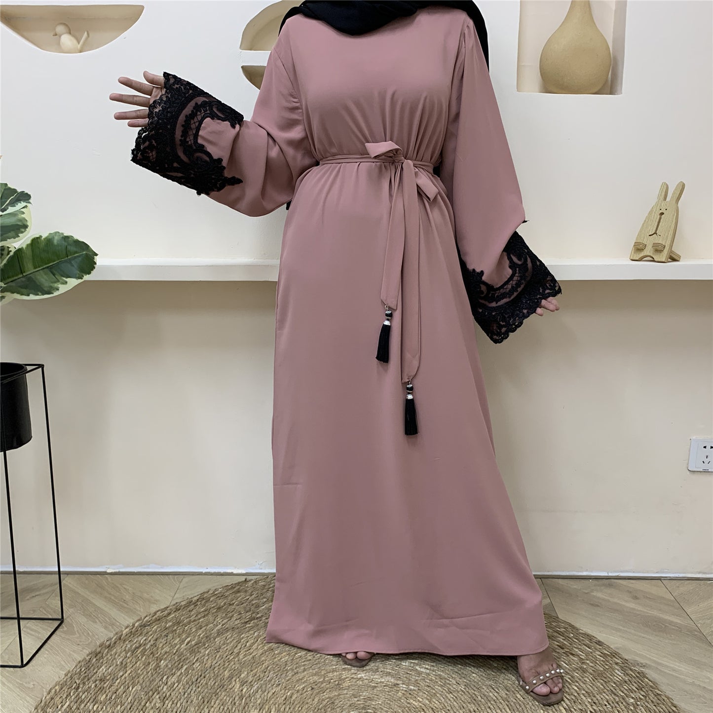 Islamic Turkey Dubai Fashion Muslim Dress Long Sleeve Lace Patchwork Dress