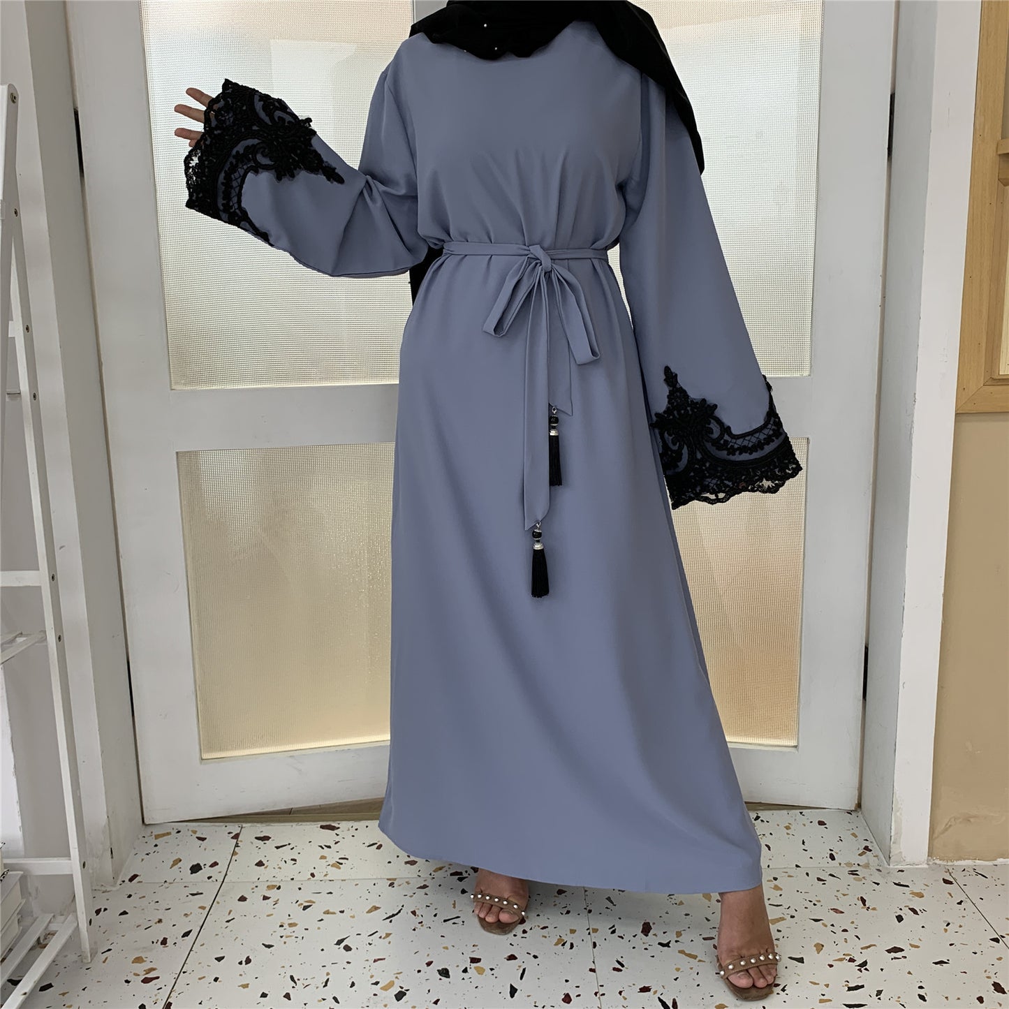 Islamic Turkey Dubai Fashion Muslim Dress Long Sleeve Lace Patchwork Dress